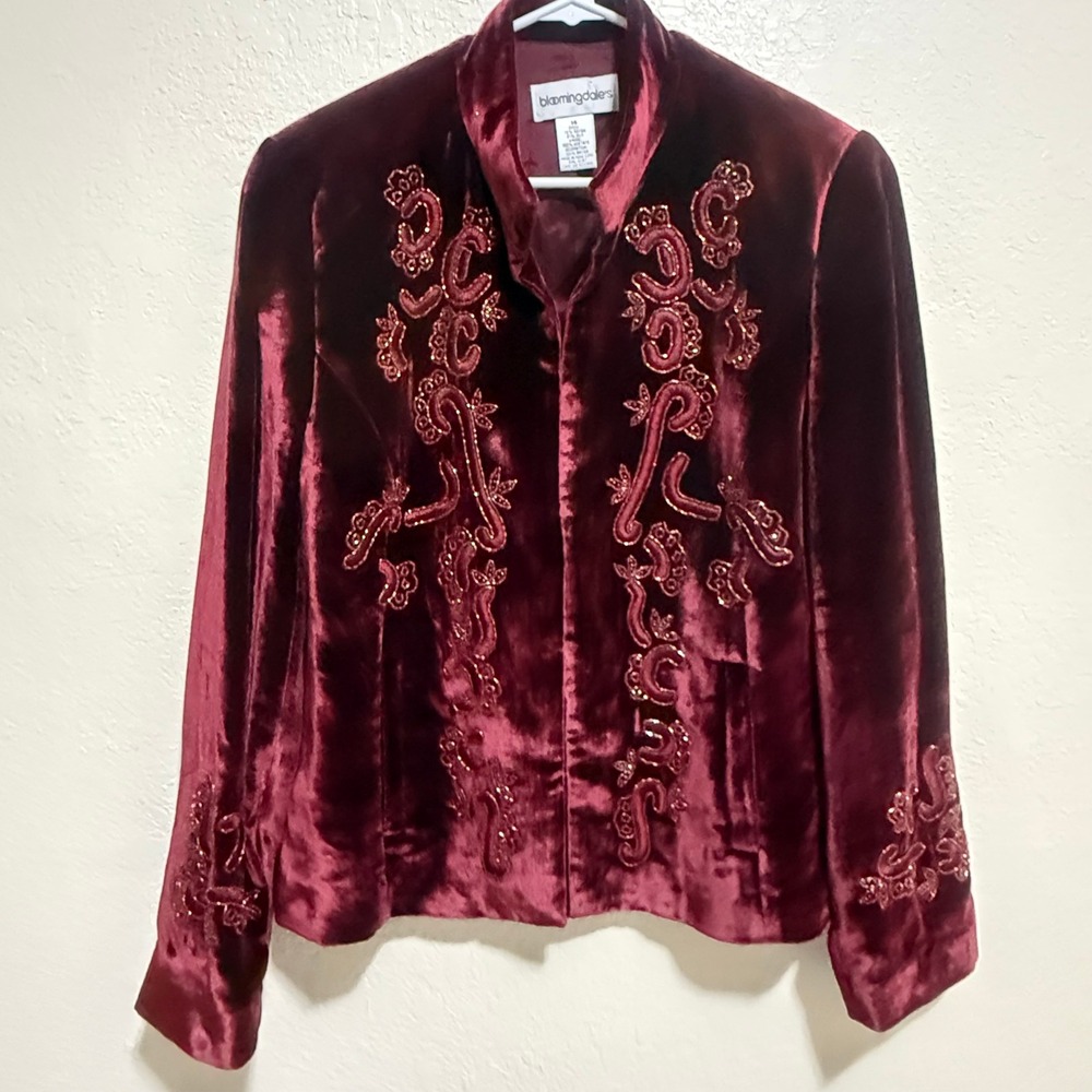 Bloomingdales‎ Womens Silk Blend Velvet Embroidered Beaded Jacket Burgundy Sz 14 - Picture 3 of 14